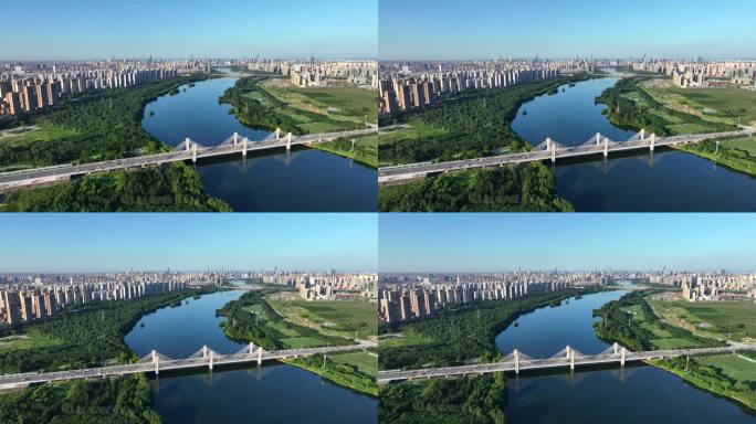 4K航拍沈阳于洪区云龙湖大桥浑河城市发展