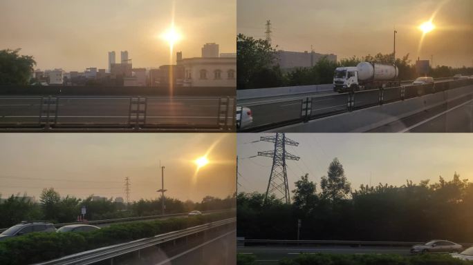 高速公路驾驶两旁朝霞夕阳落日余晖黄昏风景