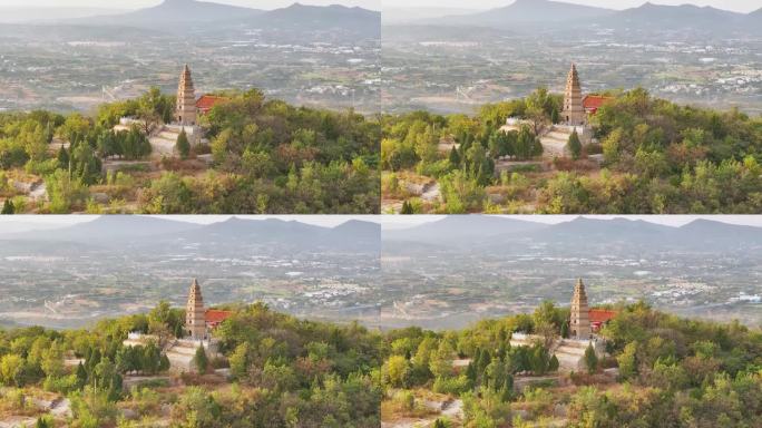 4k航拍山顶木塔寺庙群山