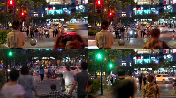 杭州新天地十字路口孩子和家长女性等红绿灯