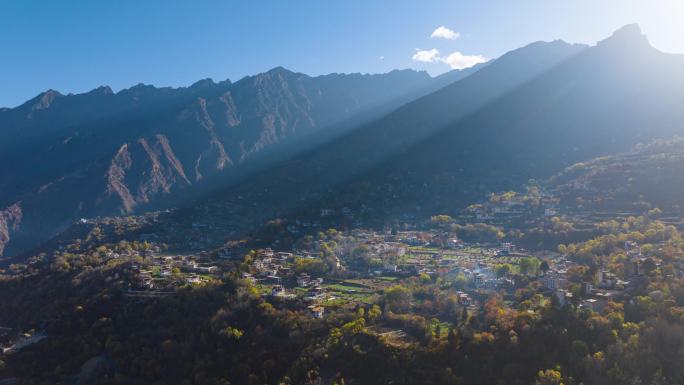 丹巴县中路藏寨清晨航拍大范围延时视频