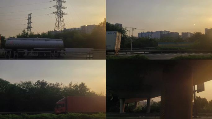 高速公路驾驶两旁朝霞夕阳落日余晖黄昏风景