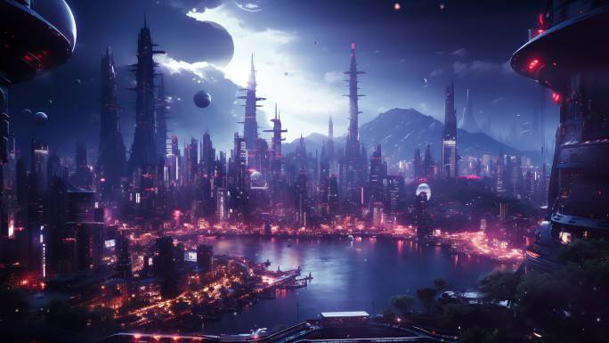 赛博科幻未来都市大气虚拟场景大屏背景