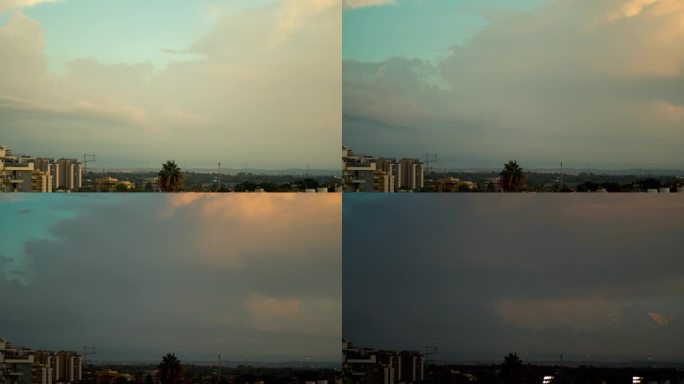 一个美丽的白天到夜晚的日落在城市上空的时间流逝，是从屋顶拍摄的，以色列特拉维夫，中东，彩色冲浪云，黄