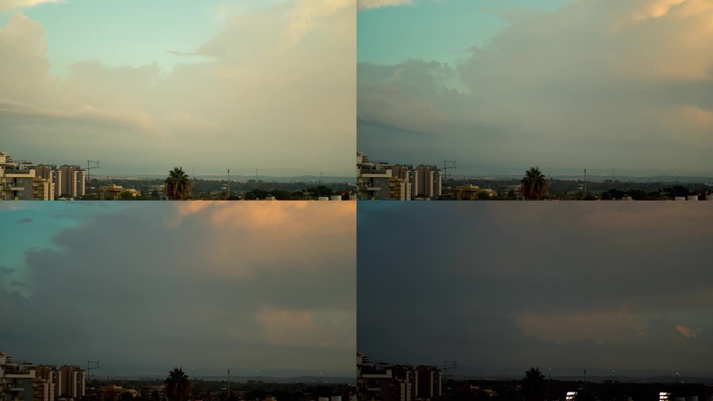一个美丽的白天到夜晚的日落在城市上空的时间流逝，是从屋顶拍摄的，以色列特拉维夫，中东，彩色冲浪云，黄