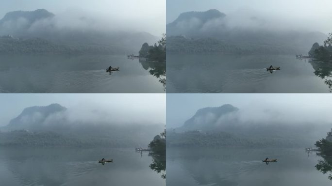 清晨 渔船 早上的雾