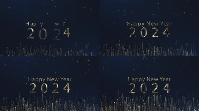 数字2024在星光闪烁的黑色背景上写着金色的文字。动画文字说2024年新年快乐。3 d演示。