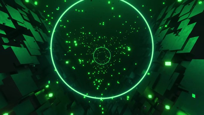 4K动画循环未来科幻抽象背景VJ循环绿色隧道动态图形。在中间圈出文字位置。科幻无缝循环视频完美的VJ