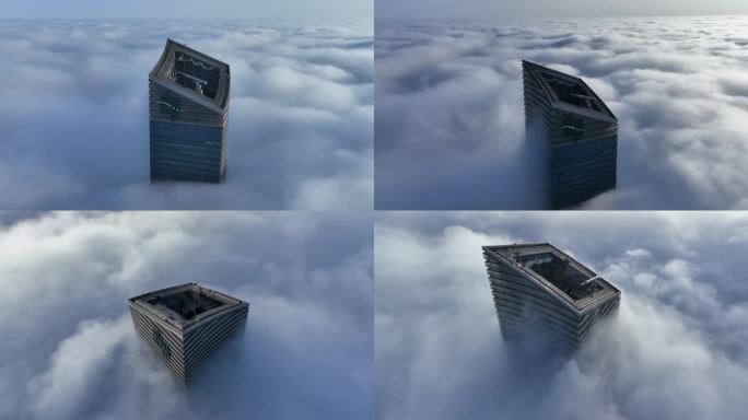 4K 航拍沈阳摩天大楼云海平流高空