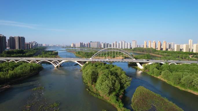 洛阳城市航拍洛河生态湿地大全景空镜