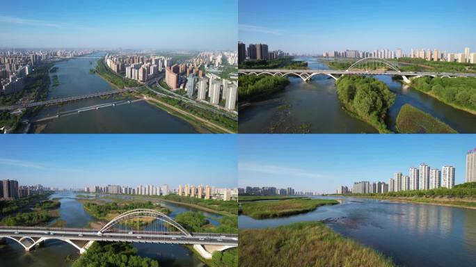 洛阳城市航拍洛河生态湿地大全景空镜