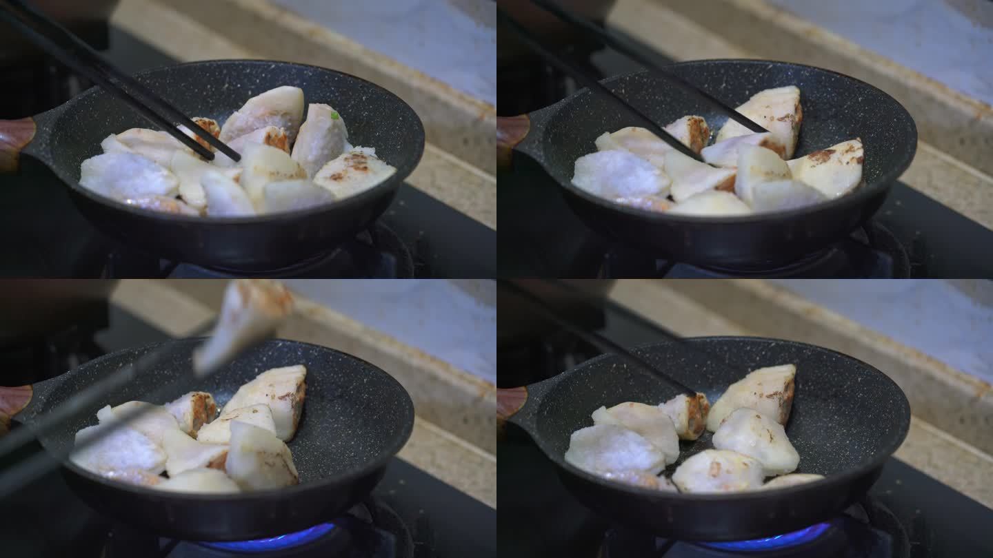 一位厨师在煎制酿肉柚子皮