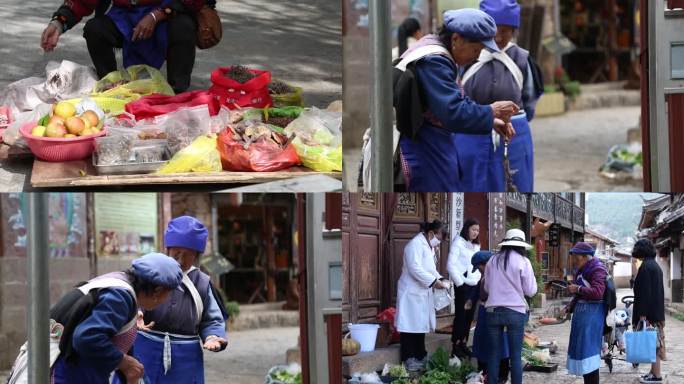 云南丽江古城当地人老人在卖菜