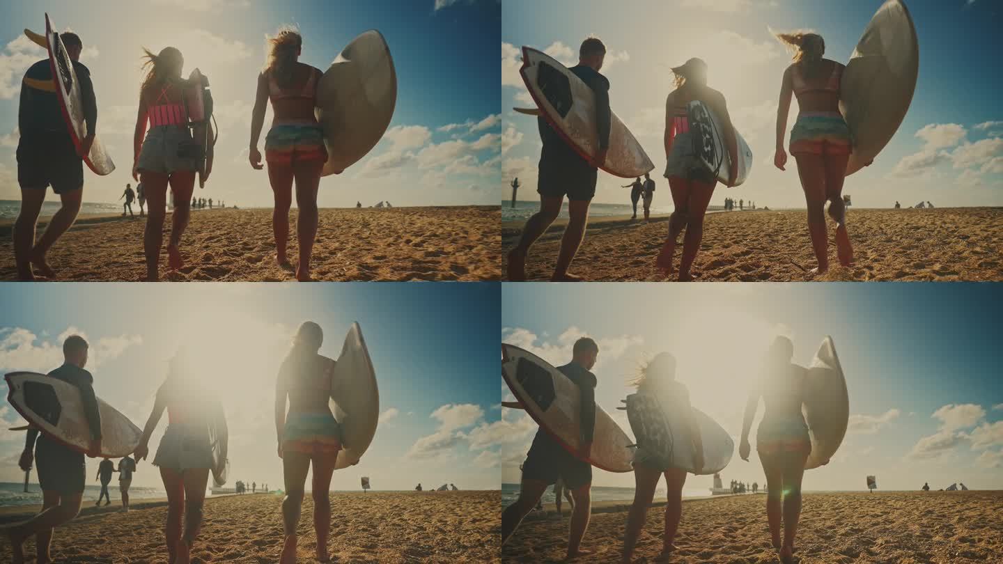 三个冲浪的朋友穿着泳装，拿着冲浪板在海滩上散步。阳光照耀着这个美丽的民族。海是看得见的。