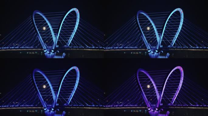4K高清沈阳宣传片三好桥夜晚月亮穿过桥梁