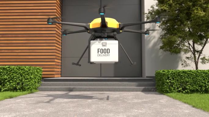 送餐无人机，自主送餐机器人，商务航空运输概念。