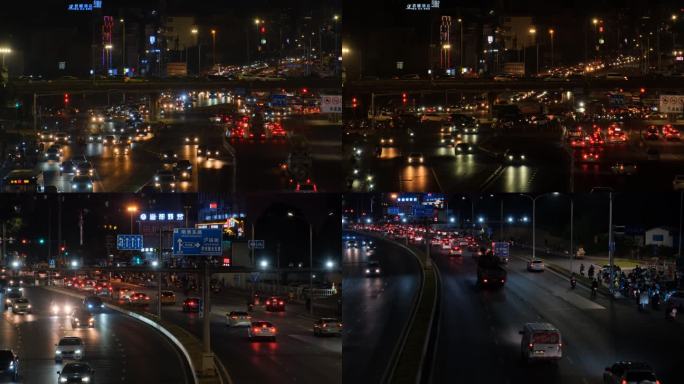 夜晚城市道路交通高架桥十字路口夜景