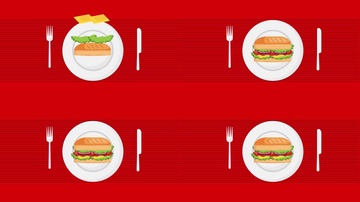 奶酪汉堡盛装舞步和展示与盘子和餐具在红色背景。汉堡广告卡通动画