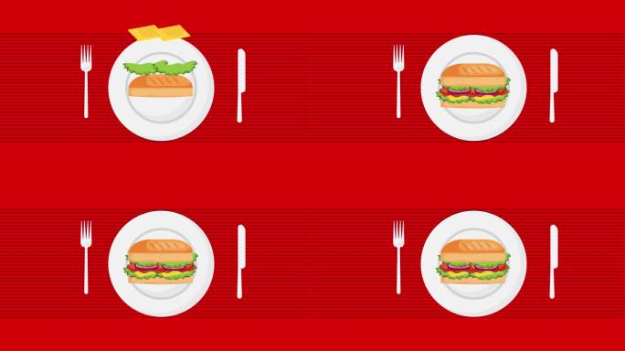 奶酪汉堡盛装舞步和展示与盘子和餐具在红色背景。汉堡广告卡通动画