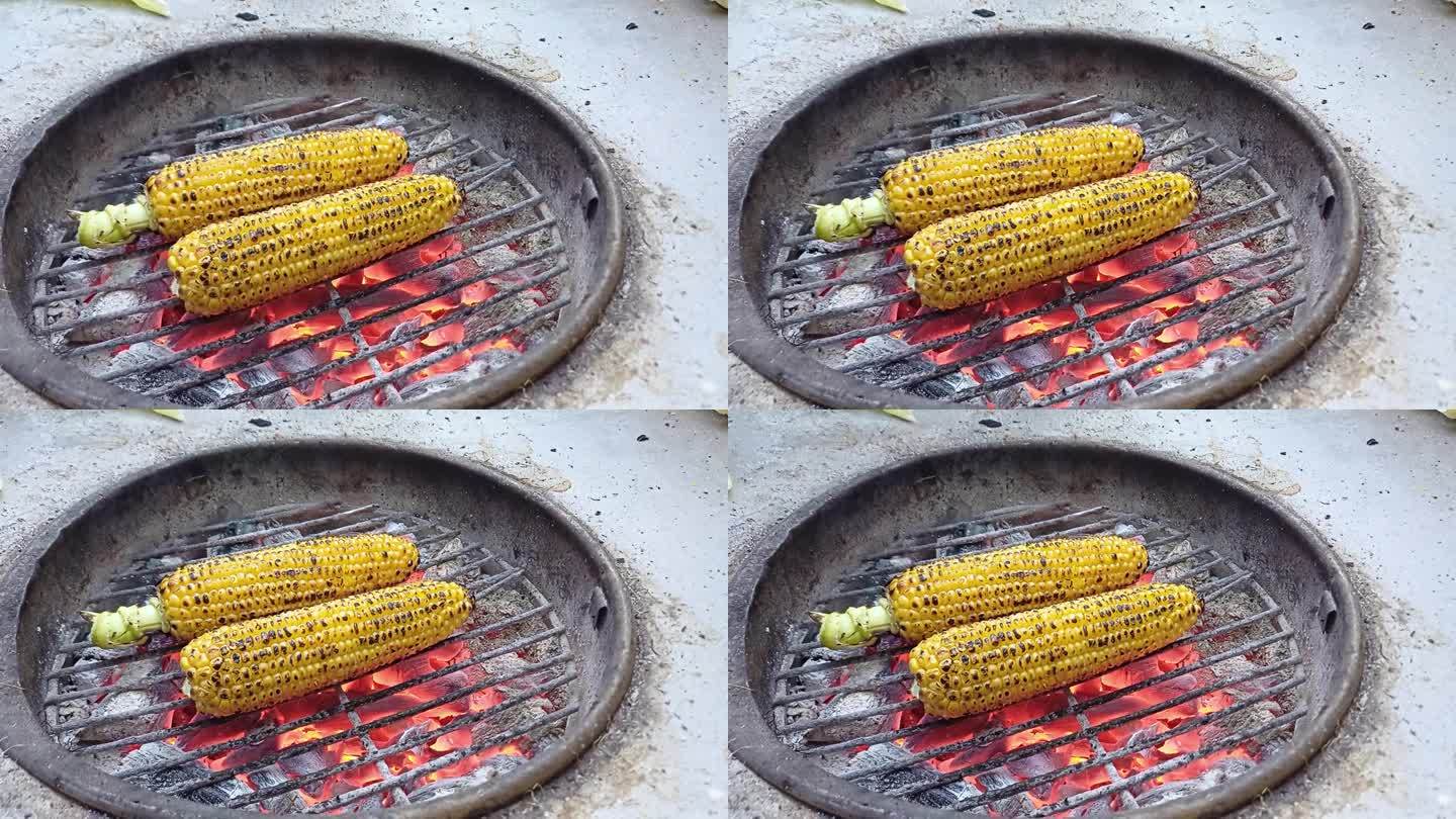 在外面用火烤玉米蔬菜