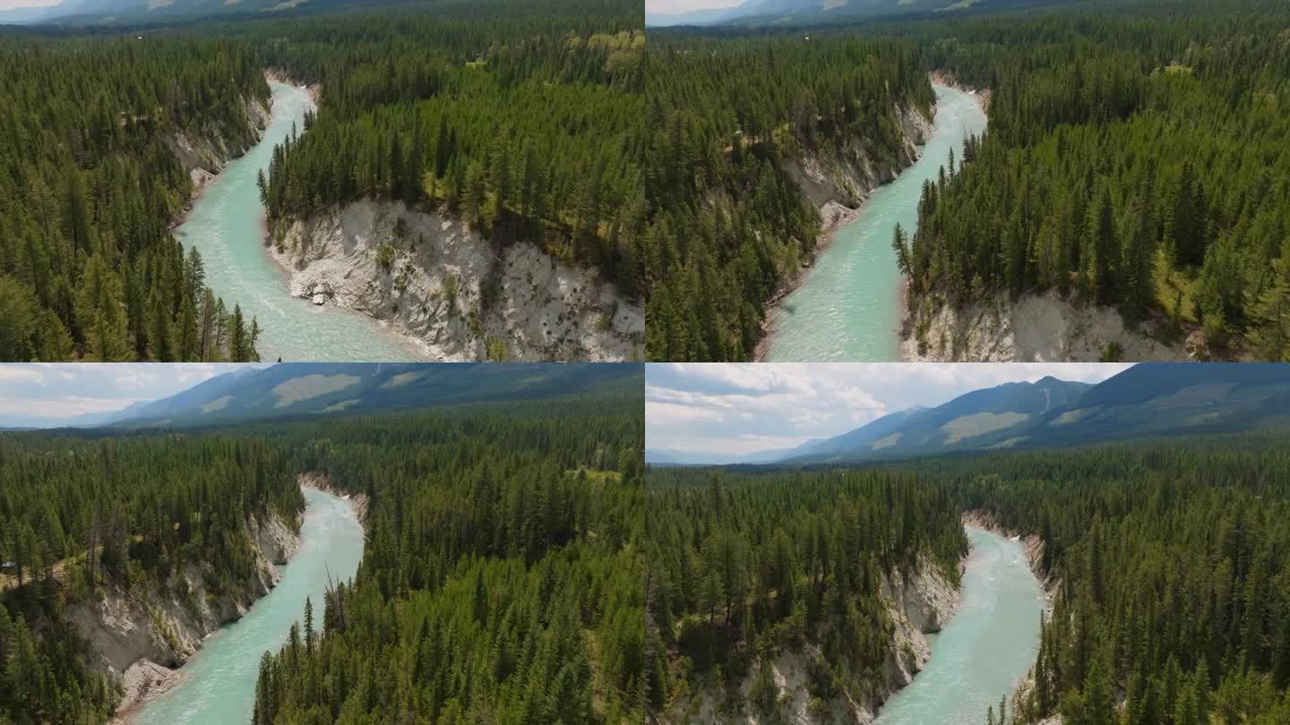 无人机拍摄的库特尼河在加拿大不列颠哥伦比亚省，平移到显示山脉和景观