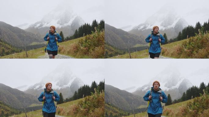 秋天在瑞士阿尔卑斯山徒步旅行的男子