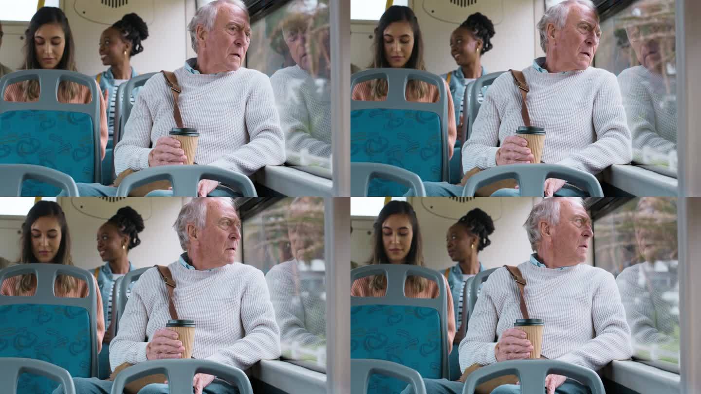 旅行，咖啡和一位老人在公交车上乘坐公共交通工具，上下班或观光期间乘车。窗口，退休和严肃的老人乘坐长途