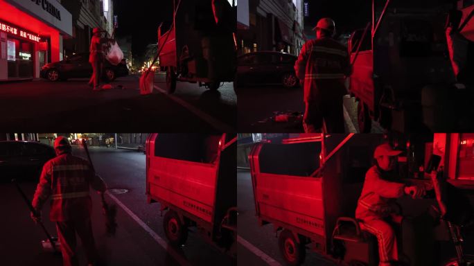 深夜环卫工人扫街背影环卫工早起垃圾车作业