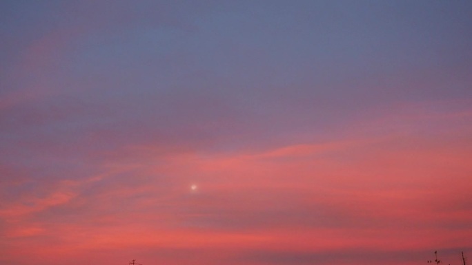 天际线月亮在粉红色的蓝色天空在黎明或黄昏。晚上或早晨美丽的天堂真正的时间。月色淡淡，晨光柔美。黑夜与
