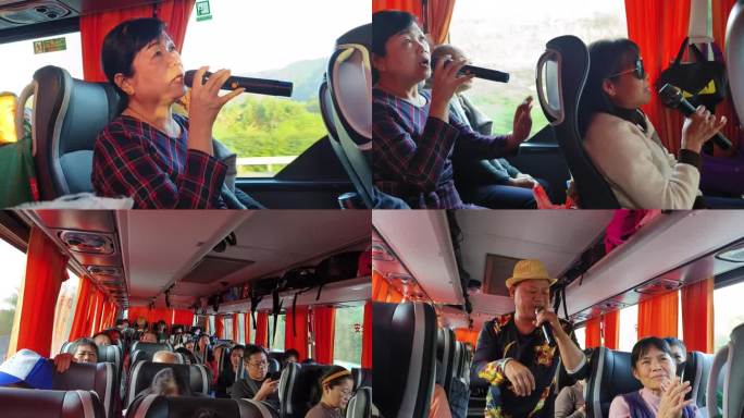 高速公路旅游大巴乘客在车厢里唱歌卡拉OK