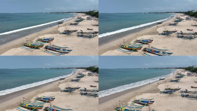 印尼巴厘岛金巴兰海滩渔村渔船航拍风光