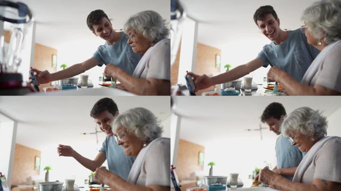 奶奶和孙子一起在厨房做饭