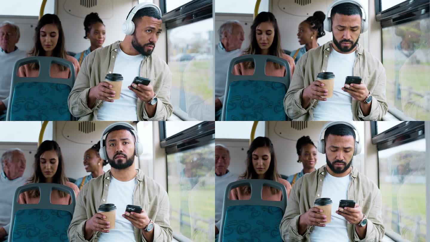 和一个男人在公共交通、通勤或观光的公共汽车上打电话、喝咖啡、听音乐。旅行，耳机和一个年轻人带着咖啡因