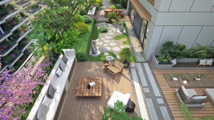 俯拍第四代住宅庭院景观三维动画