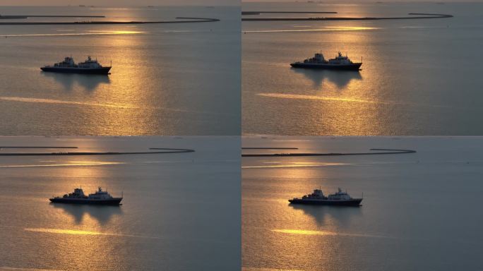 海上夕阳大船航拍