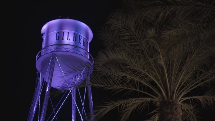 吉尔伯特水塔在棕榈树后面的灯光秀
