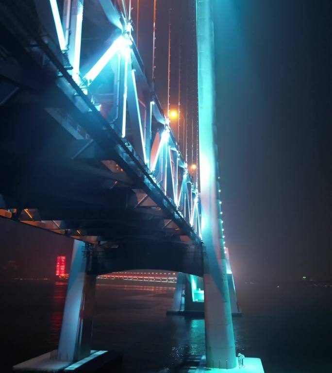 竖版大连夜景跨海大桥桥下穿过航拍