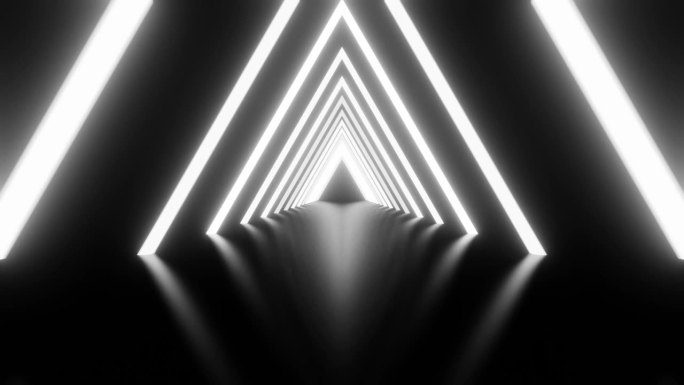 抽象背景霓虹灯发光三角形隧道与黑白复古光线移动。背景是霓虹灯的未来走廊。无缝循环3d渲染，现代霓虹灯