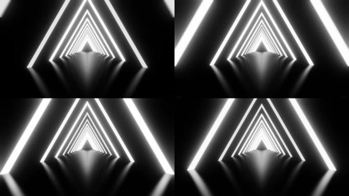 抽象背景霓虹灯发光三角形隧道与黑白复古光线移动。背景是霓虹灯的未来走廊。无缝循环3d渲染，现代霓虹灯