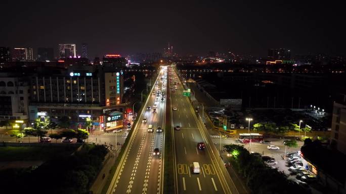 广州高架桥高速车流新光快速夜景4K航拍