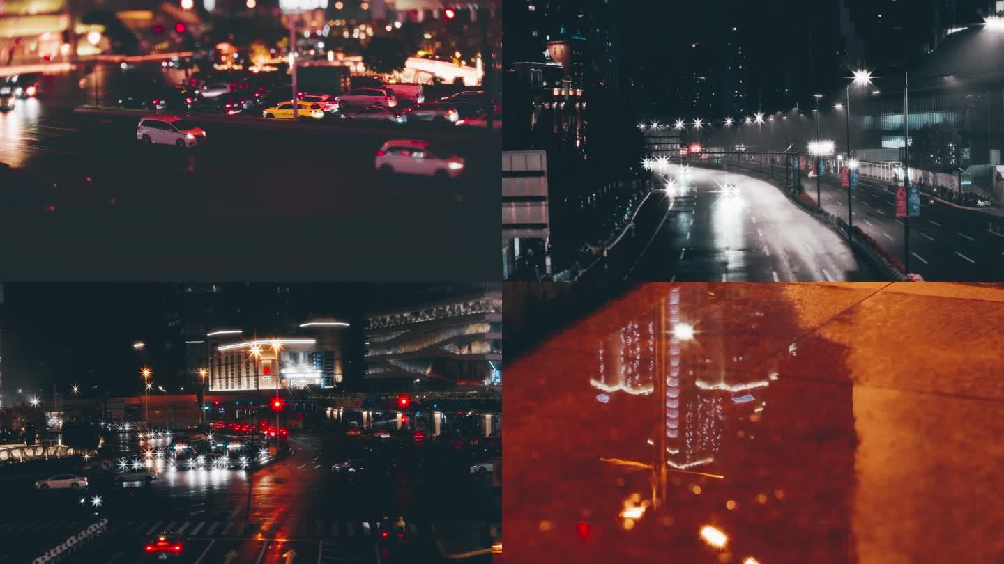 雨夜小人国视角移轴拍摄效果上海车流夜景