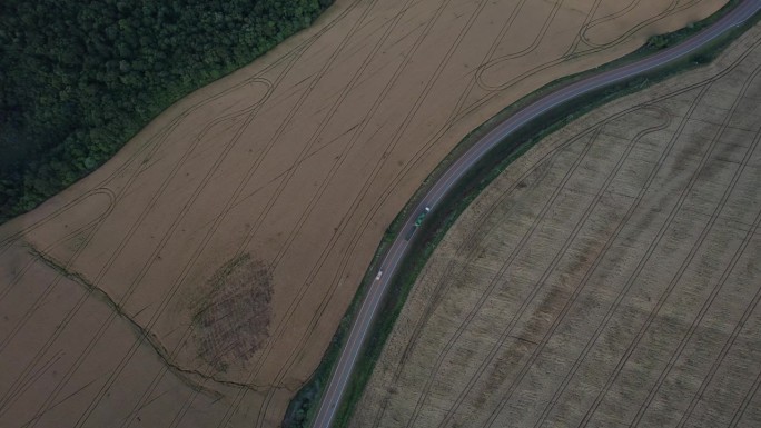 在谷物田之间的道路上的卡车鸟瞰图