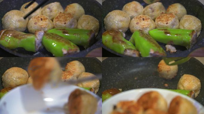一位厨师在用平底锅煎制酿菜，酿辣椒酿油果