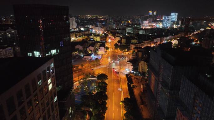 江苏省张家港市人民路长河中路夜景航拍