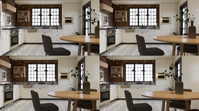 白色厨房，深红砖，木材，大窗户和厨房用具。l形厨房，带横梁和餐桌。三维动画