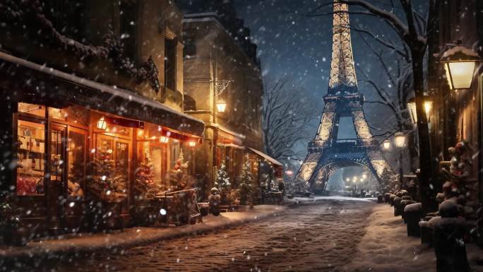 法国巴黎下雪舞台夜景 夜晚街头冬日雪景