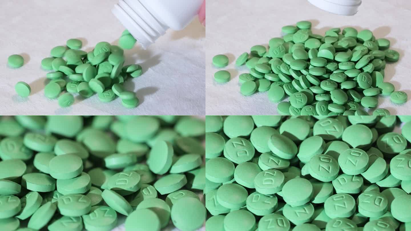 合集绿色药丸药片掉落旋转白色药瓶