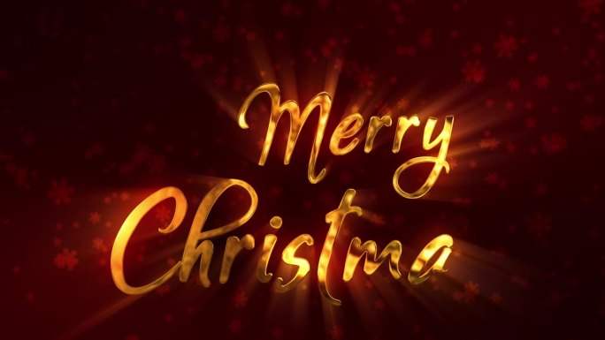 圣诞快乐问候与金色文字在红色背景上手写风格。雪在背景中慢慢飘落。光线与文字相互作用。圣诞节的概念。节