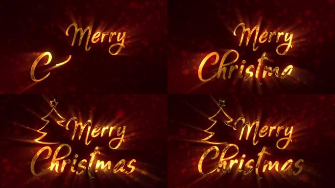 圣诞快乐问候与金色文字在红色背景上手写风格。雪在背景中慢慢飘落。光线与文字相互作用。圣诞节的概念。节