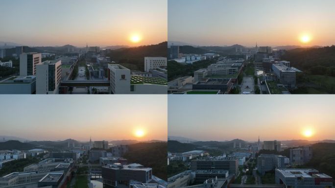 夕阳下的香港中文大学深圳校区航拍日落黄昏